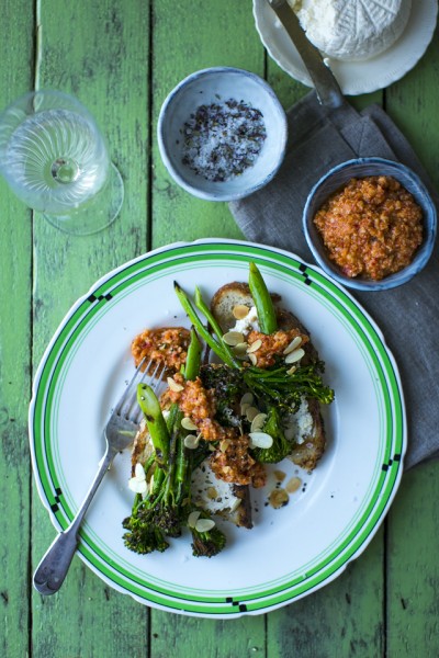Charred Broccolini with Smoky Romesco Sauce & Toasted Almonds