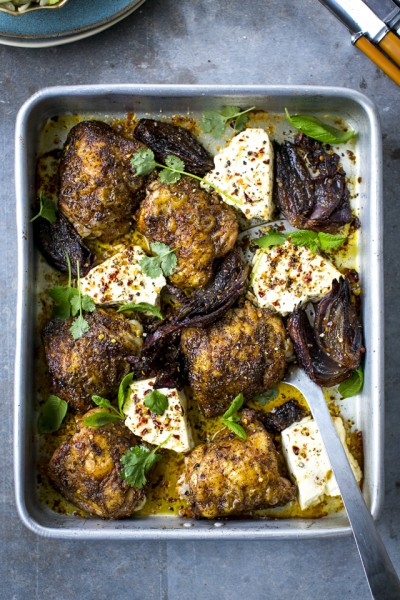 Ras El Hanout Chicken Thighs with Baked Feta & Shaved Salad