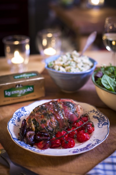 Prosciutto Wrapped Chicken Tray Bake with Herby Butter Stuffing