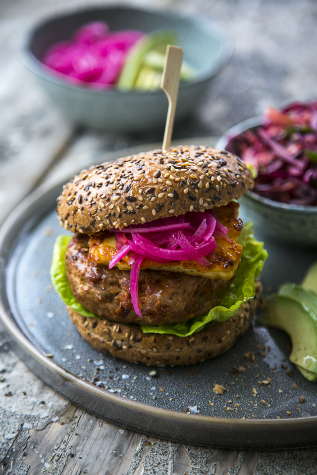 Donal Skehan Chorizo Chicken Burgers with Quick Pickle Onions