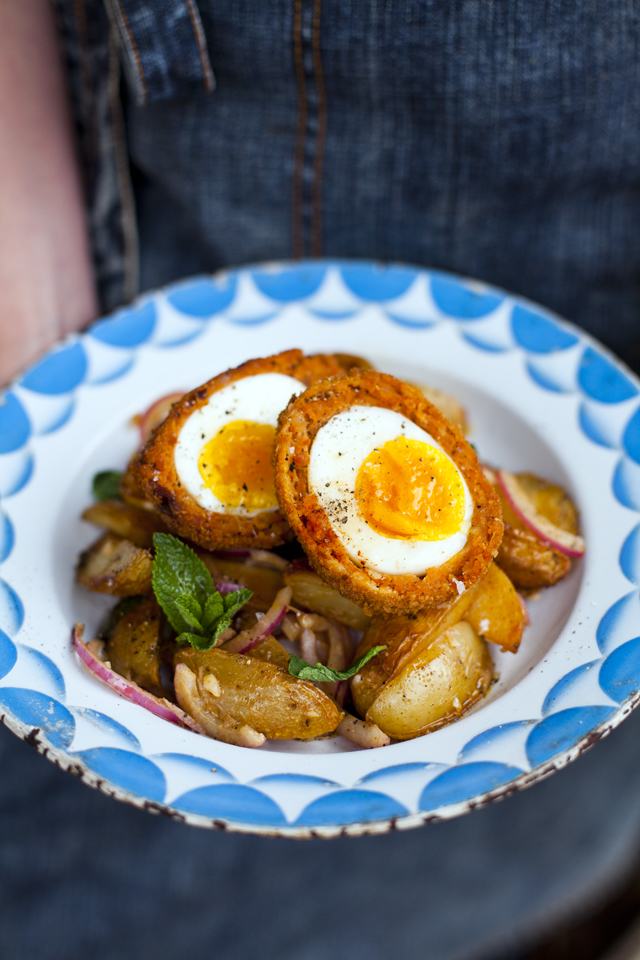 Donal Skehan Chorizo Scotch Eggs with Paprika Spiced Potato Salad