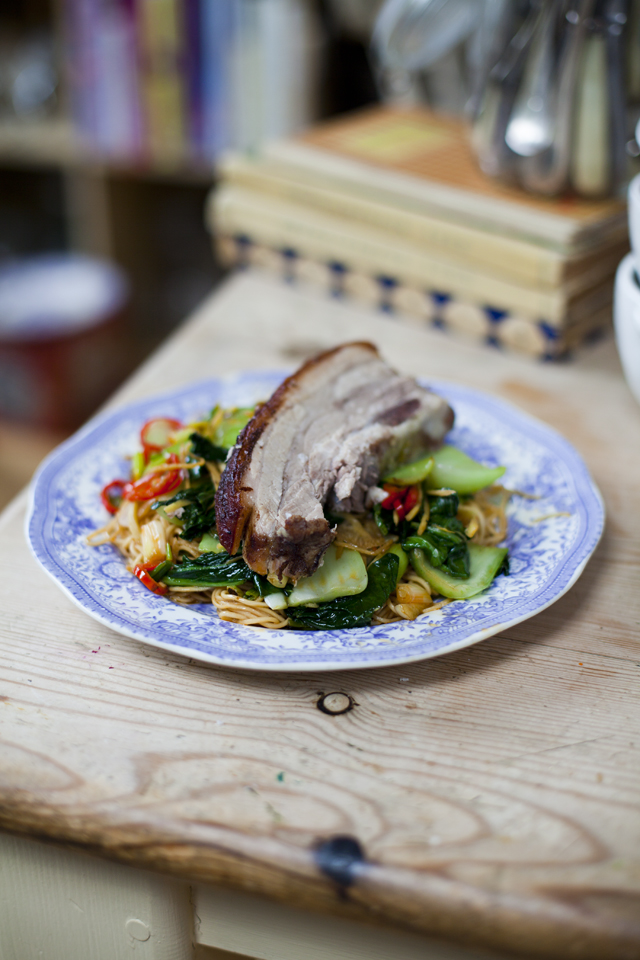 Donal Skehan Chinese Fivespice Pork Belly with Chilli Noodles and Asian Greens