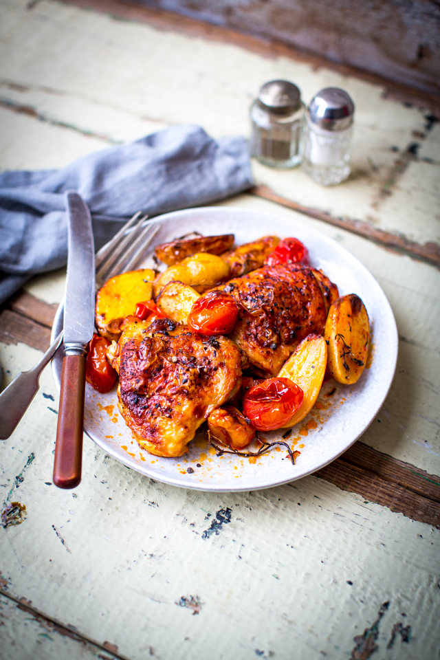 Donal Skehan Harissa Chicken with Potatoes, Tomatoes & Thyme