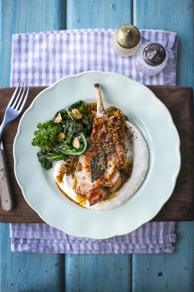 Honey & Mustard Hump Back Pork Chops, Cauliflower Mash & Sautéed Greens