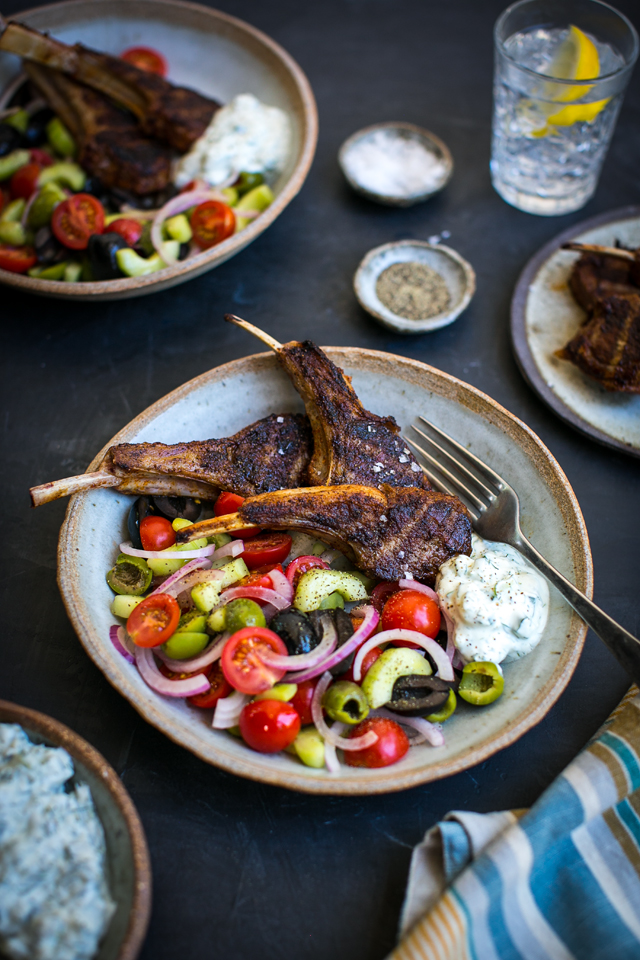 Donal Skehan Spiced lamb chops with Tzatziki & Greek Salad
