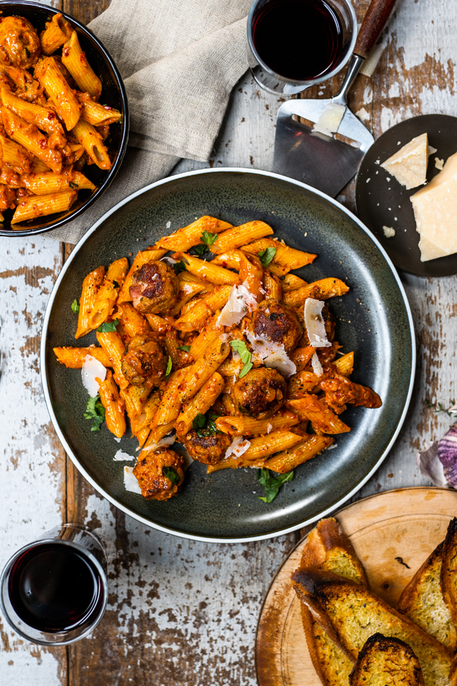 Donal Skehan Vodka Sauce Penne With Meatballs