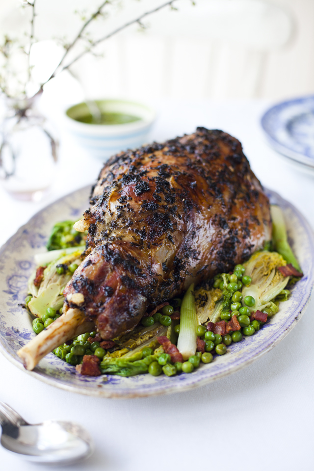 Roast Lamb with Wild Garlic Pesto and Lettuce and Peas